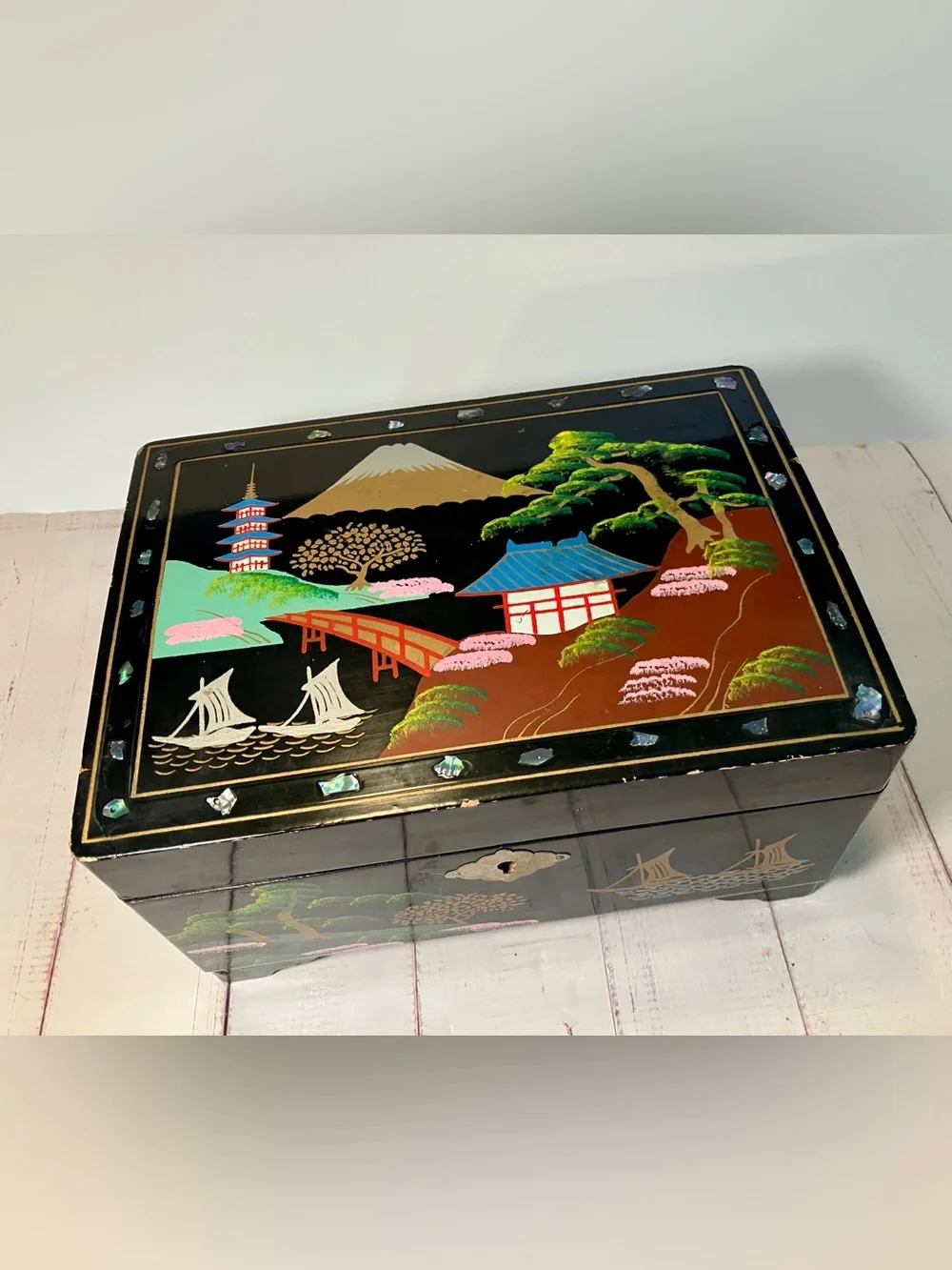 Vintage 70s 80s Japan Style Musical Jewelry Box Cherry Blossom Wood Inlay TLC